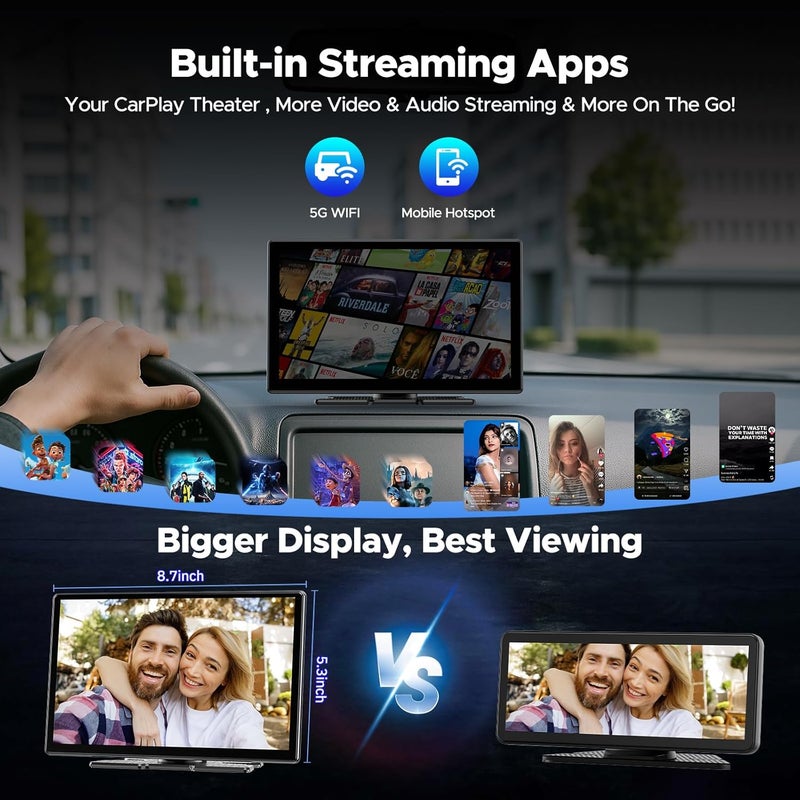 Volam 9'' Carplay Screen with Net-Flix YouTube and AHD Backup Camera Upgraded Wireless Android Auto Screen Portable AI Magic Video Box Built-in Apps Voice Control Car GPS for iOS 10+ Android 11+ - Image 2